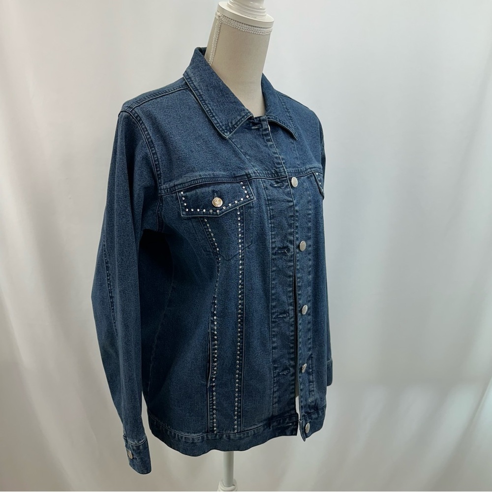 Quacker Factory Rhinestone Denim Jacket Women’s Small Blue Stretch Pockets - Picture 3 of 10